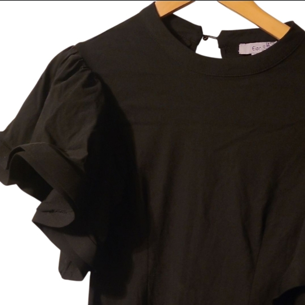 Ruffled Etolie Sleeved Black Medium Dress